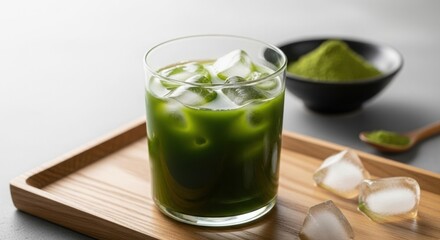 A glass of iced matcha green tea on a wooden tray with ice cubes and a bowl of matcha powder.