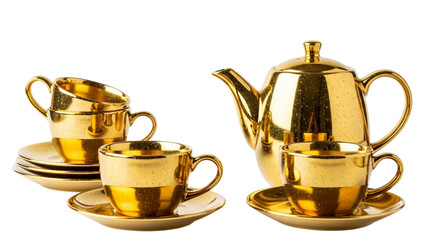 Golden tea set with teapot and teacups filled with tea on a transparent background