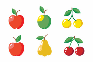 Classic orchard fruits bundle featuring shiny red apples, green apples, pears, peaches, plums, and cherries with stems and leaves