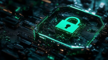 Glowing green padlock symbol on a circuit board, representing digital security and data protection.