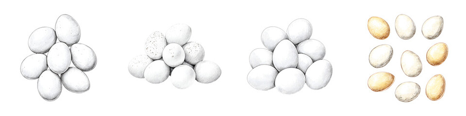 Farm Fresh Eggs: Piles of White and Brown Eggs on White