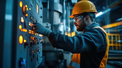 Man in safety gear operates industrial control panel with illuminated buttons and gauges in factory setting