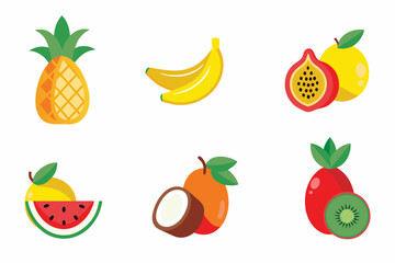 Tropical fruit set with pineapple, mango, banana, coconut, papaya, kiwi, and passion fruit with leaves and sliced views