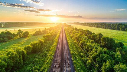 Sunrise over a train track through a lush green landscape