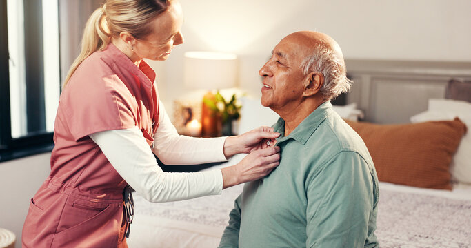 Nurse, help and clothes with old man in bedroom for dressing, advice and support. Getting ready, morning routine and healthcare with caregiver and patient in nursing home for retirement and trust - Powered by Adobe