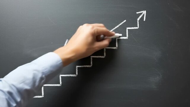 Hand drawing a rising stair graph with chalk on a blackboard, symbolizing growth and success