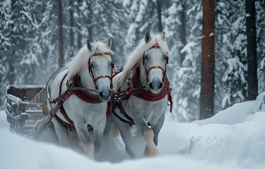 one horses with massive plow blades running through the snow-covered forest, pulling sleighs filled with children 