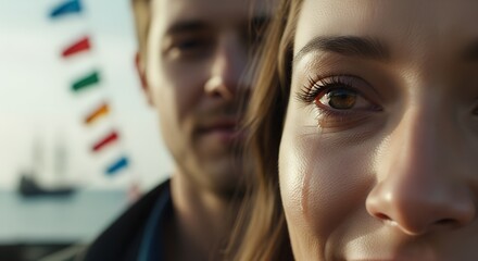 Woman smiling close up with man in soft focus at the harbor - Concept of coast guard  