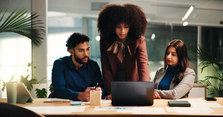 Coaching, feedback and laptop with business people in office for education or training....