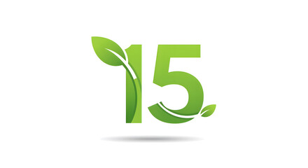 Green Fifteen Number with Leaf Accents on White Background