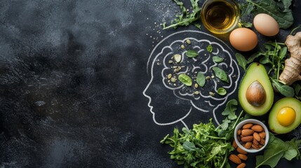 Healthy brain food concept with avocado, eggs, nuts, greens, and oil on dark background.