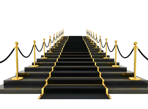 Elegant black carpeted stairs with golden stanchions isolated on transparent background