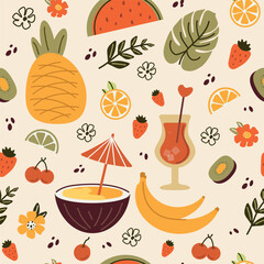 summer vibe. seamless pattern of cute design. Hand, abstract simple, summer  flowers, watermelon, lemon, strawberry, coconut, banana, monstera, pineapple. Naive pink art,  vector illustration