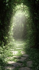 Lush, sunlit path through dense foliage