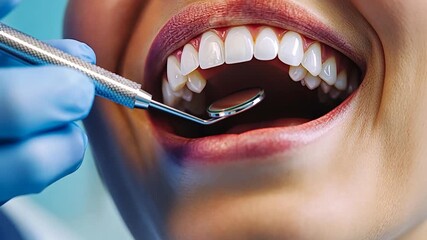 A smiling woman patient with healthy white teeth and an open mouth during a dental checkup with a dentist holding a mirror - Powered by Adobe