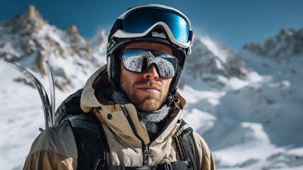 Portrait of a skier in the mountains on a sunny day