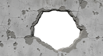 Cracked concrete wall with a large irregular hole grunge texture and chipped plaster transparent background