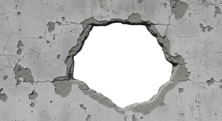 Fototapeten Konkrete Cracked concrete wall with a large irregular hole grunge texture and chipped plaster transparent background  © PNG Creative