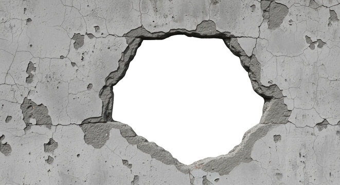 Cracked concrete wall with a large irregular hole grunge texture and chipped plaster transparent background