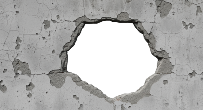 Cracked concrete wall with a large irregular hole grunge texture and chipped plaster transparent background