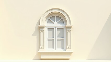Ornate arched window on a cream-colored wall.