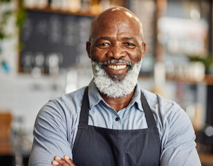 Happy African American old black man barista smiling