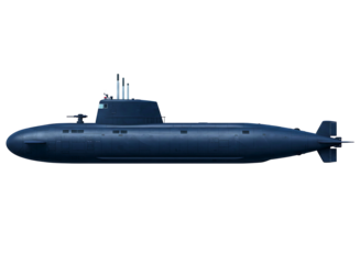 Black military submarine isolated on transparent background