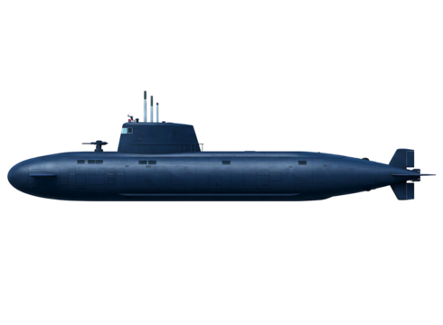 Black military submarine isolated on transparent background