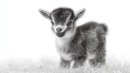 Obraz premium A baby goat with fluffy grey fur stands in white grass Its head is turned towards the camera