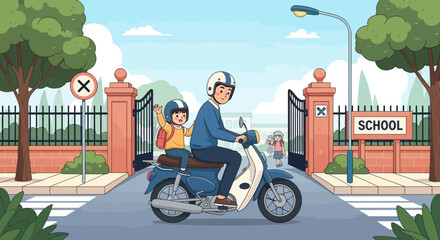 Father and Daughter on Scooter Leaving School, Happy Departure