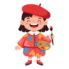 Obraz premium A cheerful young artist happily holds a paintbrush and palette, ready to paint.