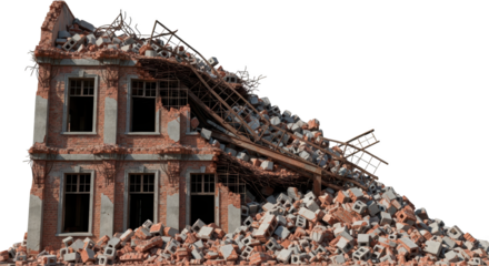 Collapsed brick building facade with debris and exposed metal structures transparent background