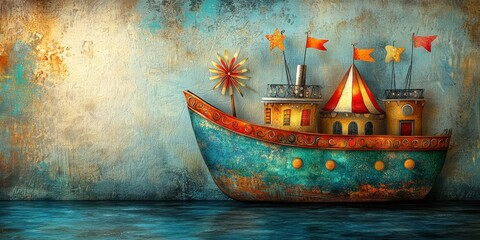 A colorful, whimsical boat with flags on a textured background.