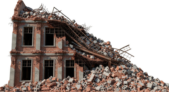 Collapsed brick building facade with debris and exposed metal structures transparent background