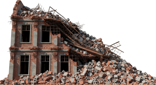 Collapsed brick building facade with debris and exposed metal structures transparent background