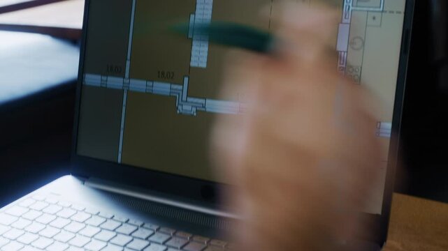 A close-up view of a professional examining an apartment layout on a laptop and rewriting key values into a paper diary.