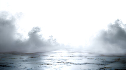 Stage floor white gray smoke mist white, isolated background cutout. Misty effect, smoke machine, smog gathering at the bottom