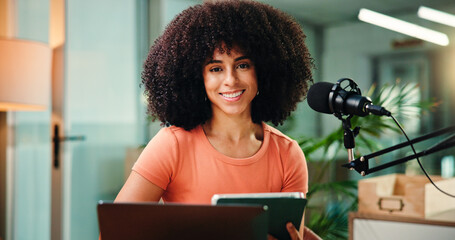 Happy, tablet and portrait of woman with mic for broadcast, talk show and host interview....