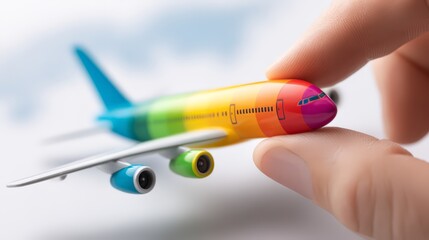 A colorful model airplane being held with a hand against a blurred background.