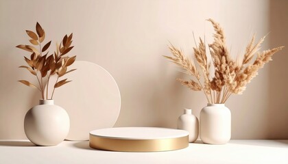 Elegant minimalist arrangement of dried flowers and decorative vases in neutral tones indoor setting still life photography modern aesthetic