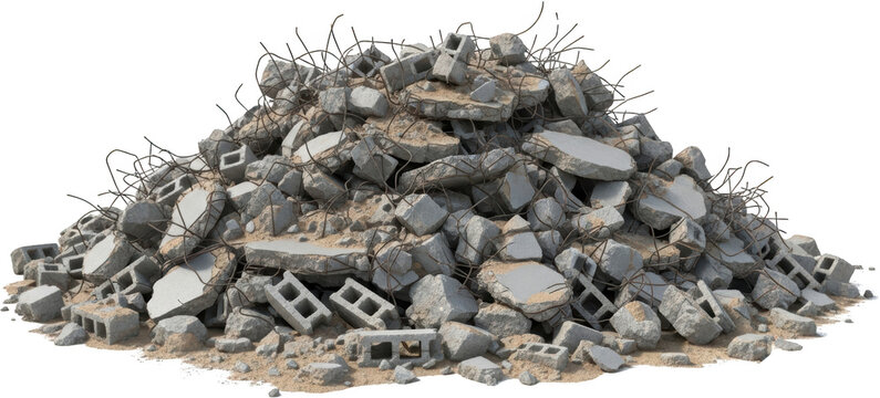 Pile of concrete debris with exposed rebar and cinder blocks rubble construction transparent background