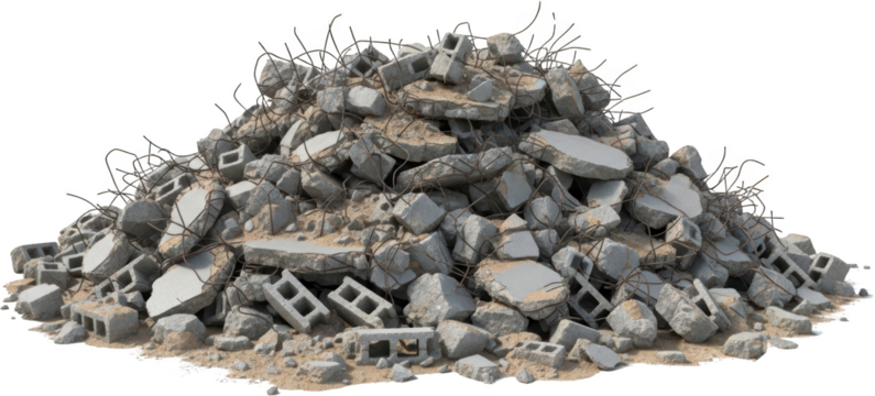 Pile of concrete debris with exposed rebar and cinder blocks rubble construction transparent background