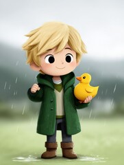 A cheerful child with a yellow duck enjoying a rainy day.