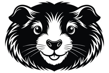 A fluffy black and white beaver illustration looks forward with a toothy grin, perfect for logos