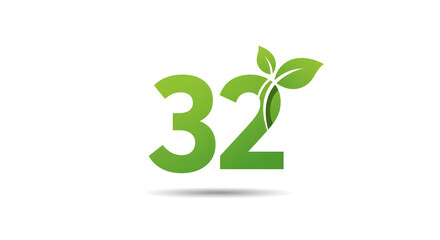 Green Number Thirty-two with Leaf Decoration Isolated on White Background