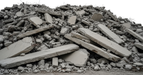 A large pile of broken concrete debris and rebar isolated with rubble construction