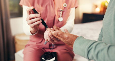 Nursing home, hands and blood glucose test for senior patient, healthcare or checking for diagnosis. Medical help, nurse and equipment to monitor diabetes, retirement or checkup for elderly person