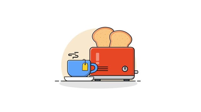 4k Toaster with Bread and Tea Cup. Breakfast Concept Animation Video