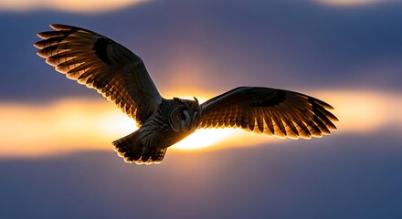 Fototapeta premium Download flying owl image: nocturnal bird of prey soaring at sunset, wildlife photography hd wallpaper
