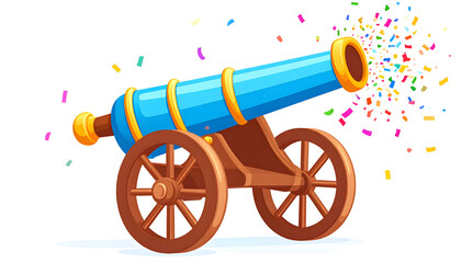 Blue Cannon Shooting Confetti, Festive Pixel Art Illustration